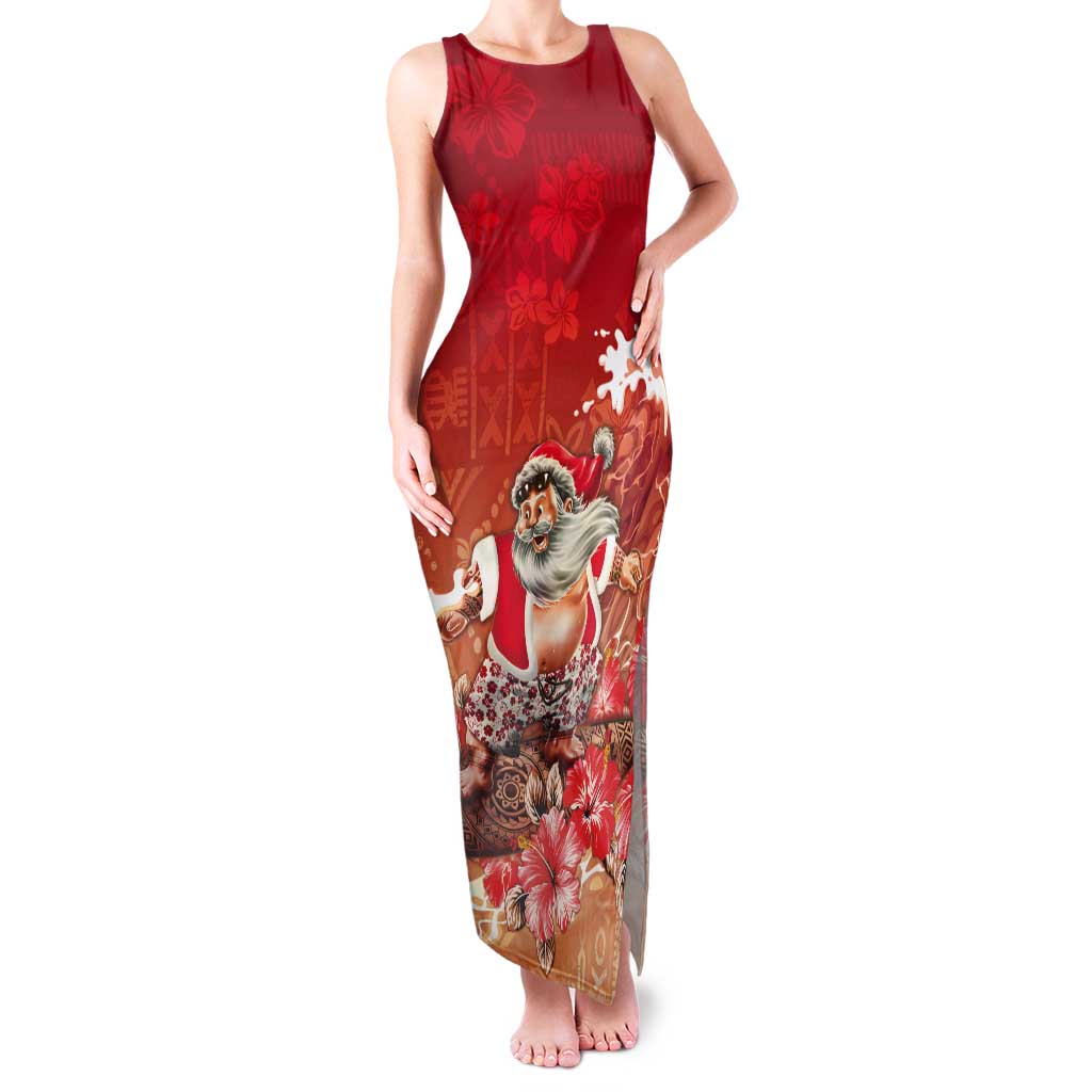 Hawaii Funny Christmas Tank Maxi Dress Santa Surfing With Tapa Pattern - Polynesian Pride