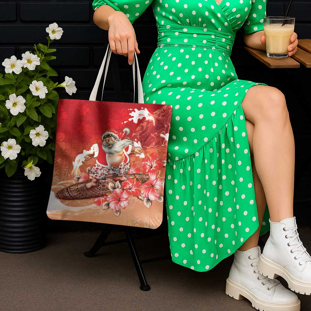 Hawaii Funny Christmas Tote Bag Santa Surfing With Tapa Pattern - Polynesian Pride