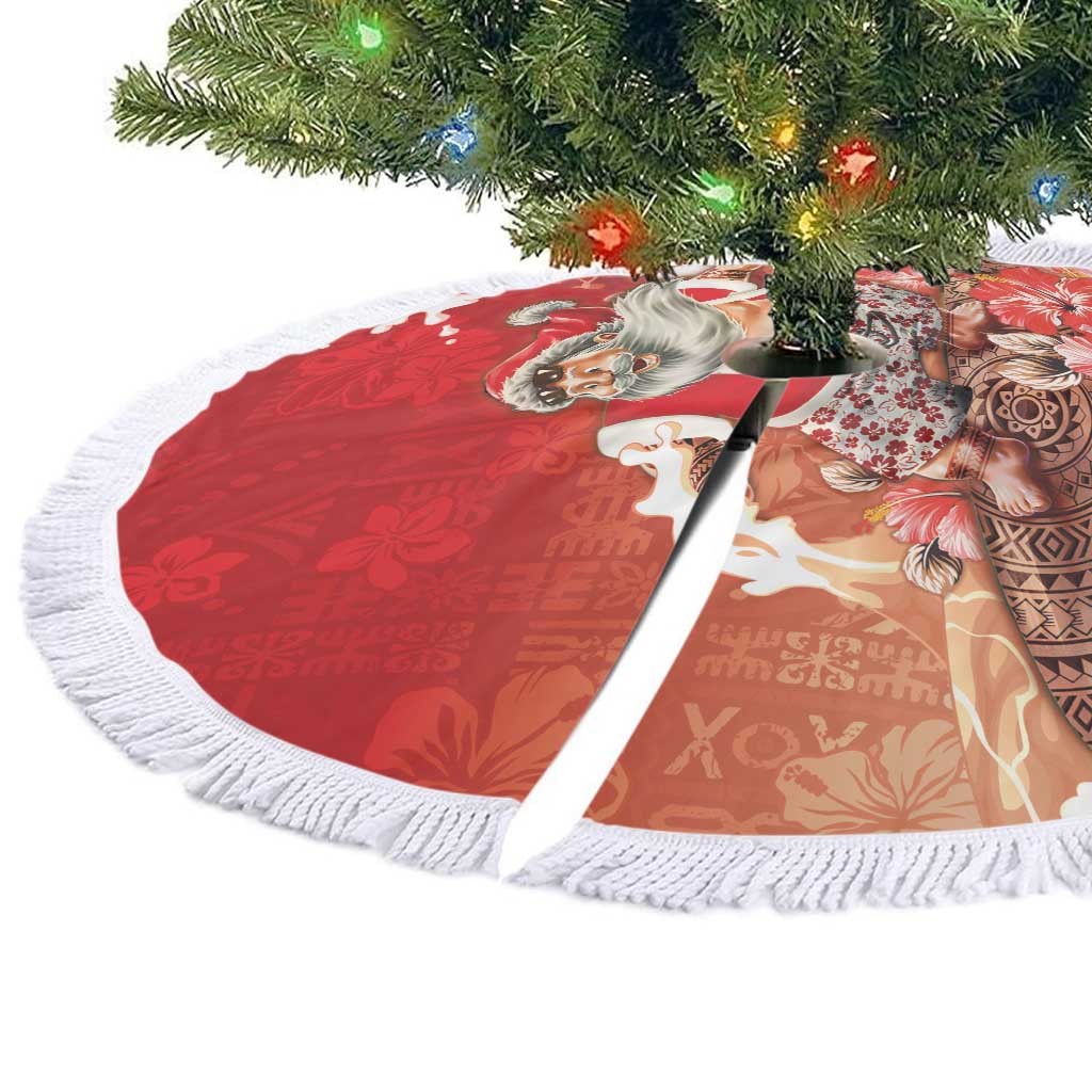 Hawaii Funny Christmas Tree Skirt Santa Surfing With Tapa Pattern - Polynesian Pride