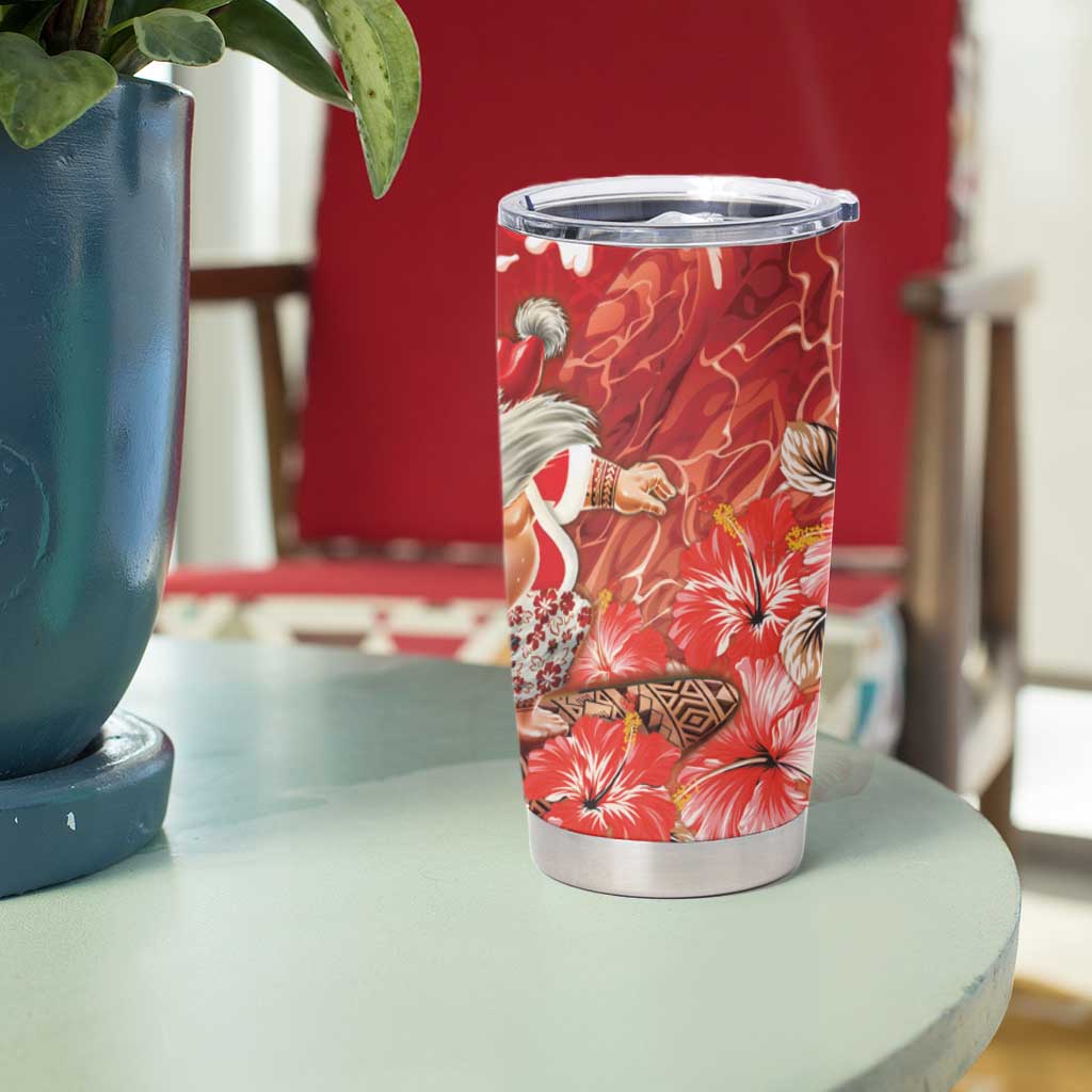 Hawaii Funny Christmas Tumbler Cup Santa Surfing With Tapa Pattern - Polynesian Pride
