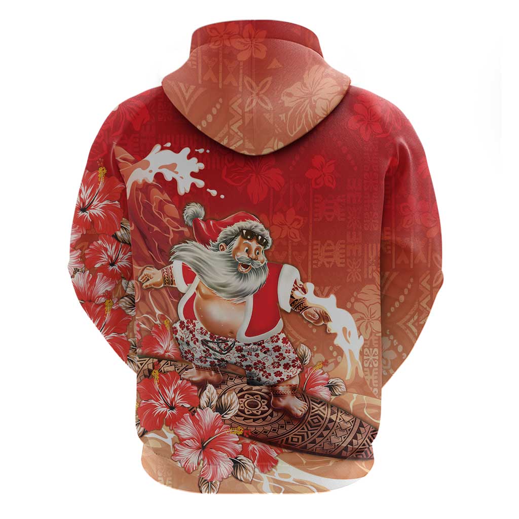 Hawaii Funny Christmas Zip Hoodie Santa Surfing With Tapa Pattern - Polynesian Pride