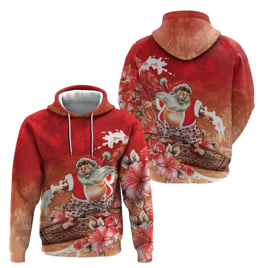Hawaii Funny Christmas Zip Hoodie Santa Surfing With Tapa Pattern - Polynesian Pride