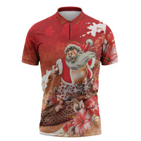 Hawaii Funny Christmas Zipper Polo Shirt Santa Surfing With Tapa Pattern - Polynesian Pride