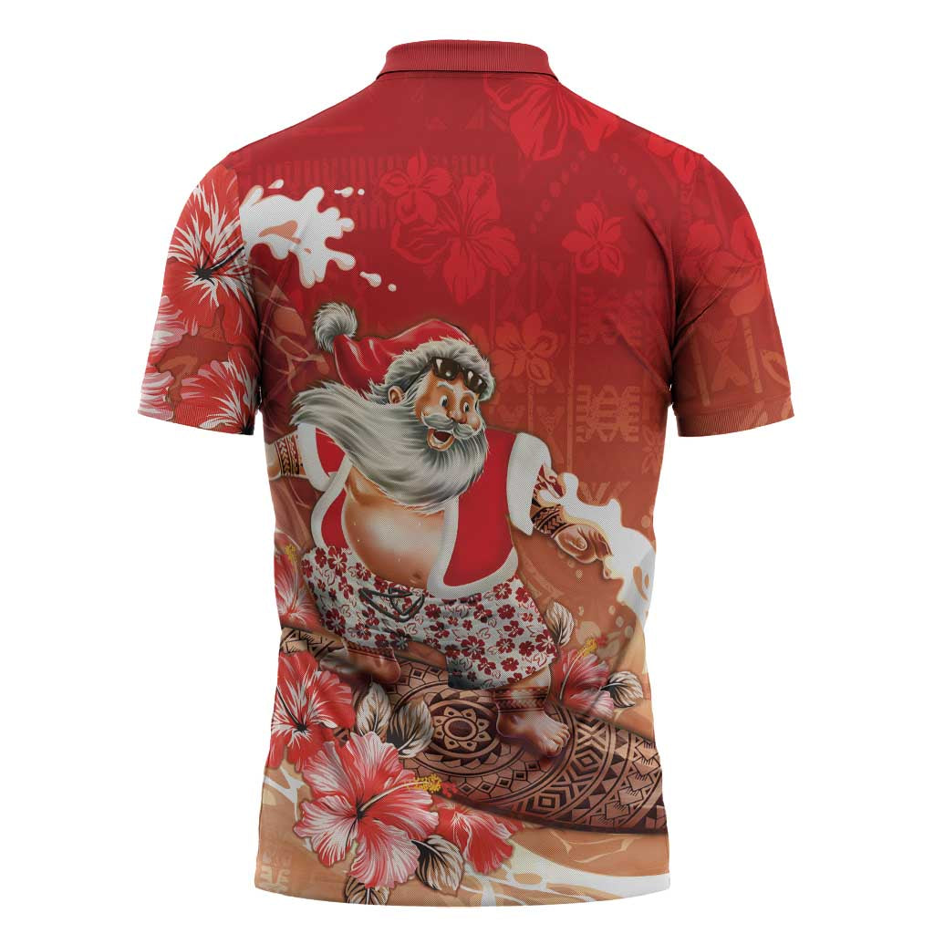 Hawaii Funny Christmas Zipper Polo Shirt Santa Surfing With Tapa Pattern - Polynesian Pride