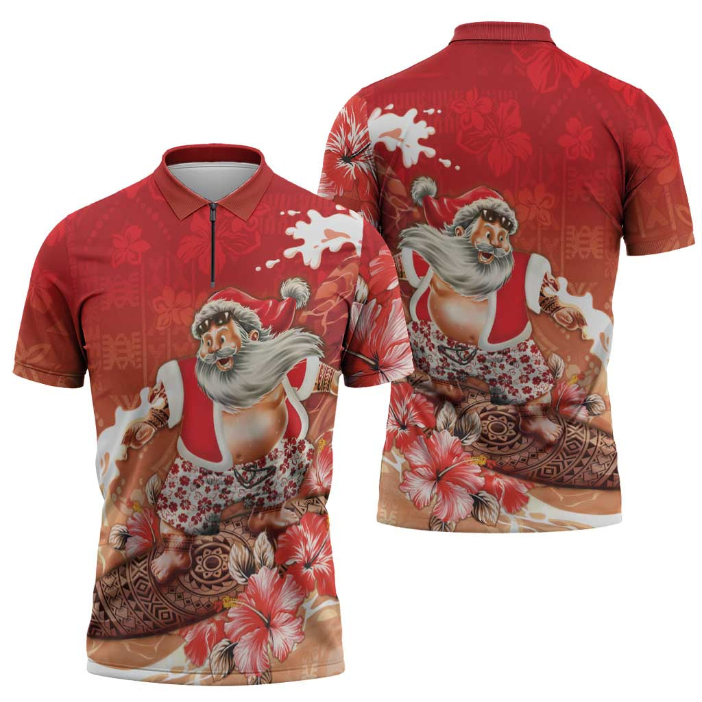 Hawaii Funny Christmas Zipper Polo Shirt Santa Surfing With Tapa Pattern - Polynesian Pride