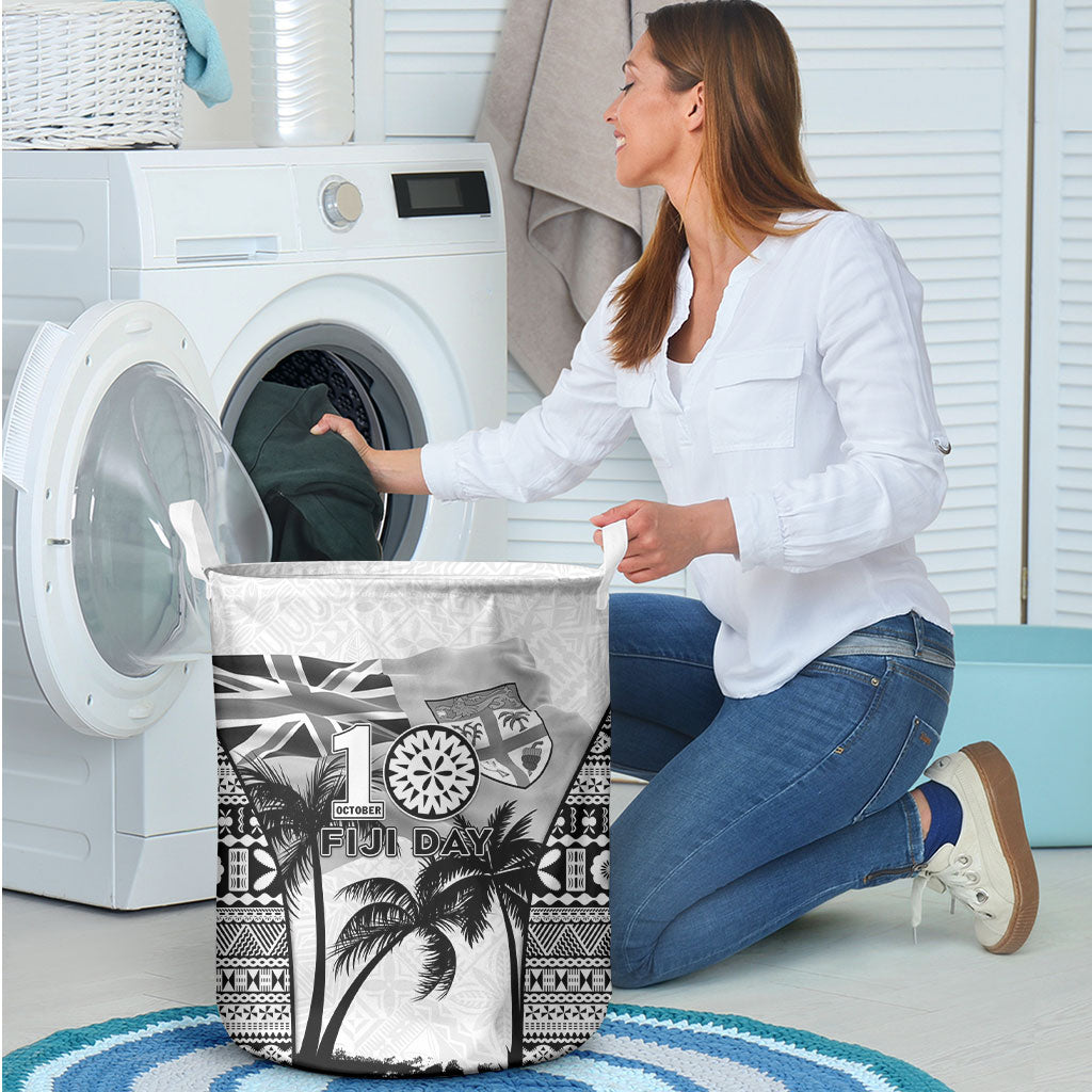 Fiji Day 2026 Laundry Basket Masi Tapa Pattern With Palm Tree White Version LT05 - Polynesian Pride