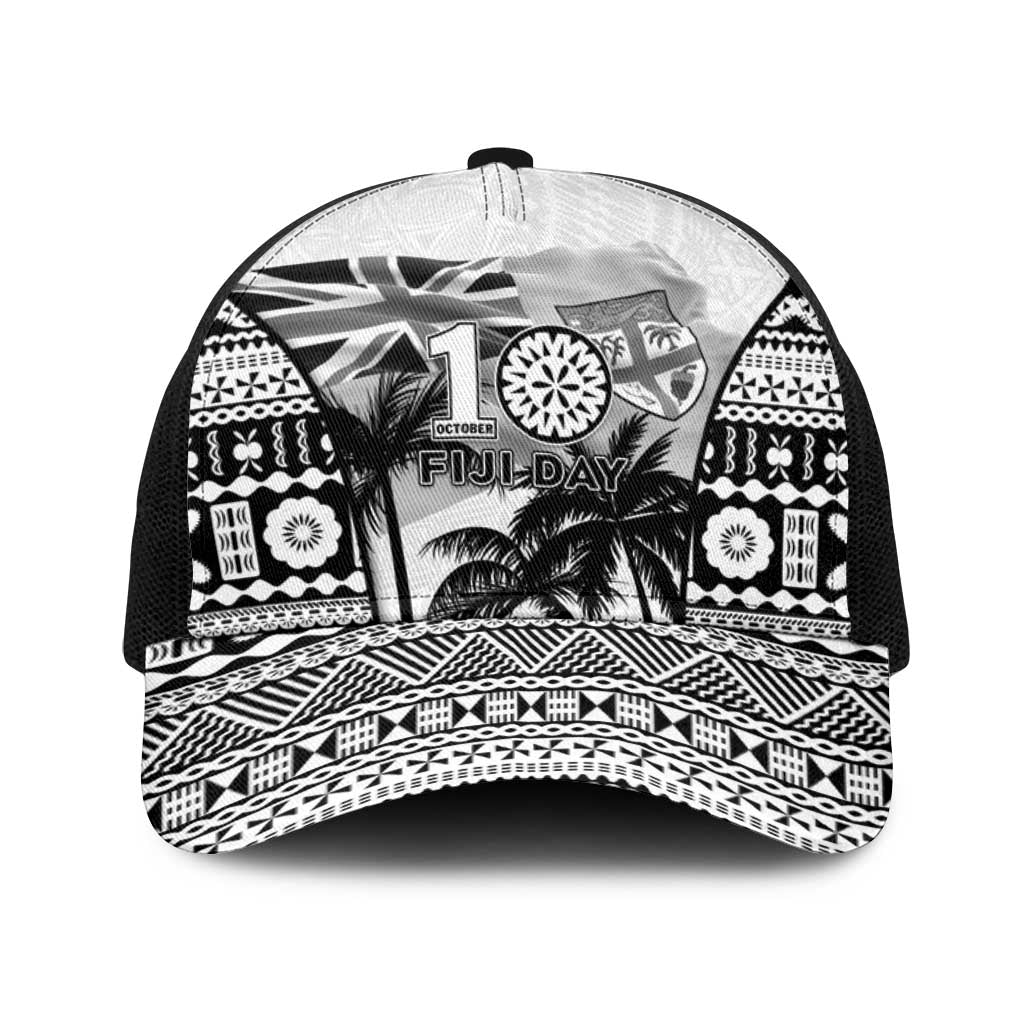 Fiji Day 2026 Baseball Net Cap Masi Tapa Pattern With Palm Tree White Version LT05 One Size Black White - Polynesian Pride