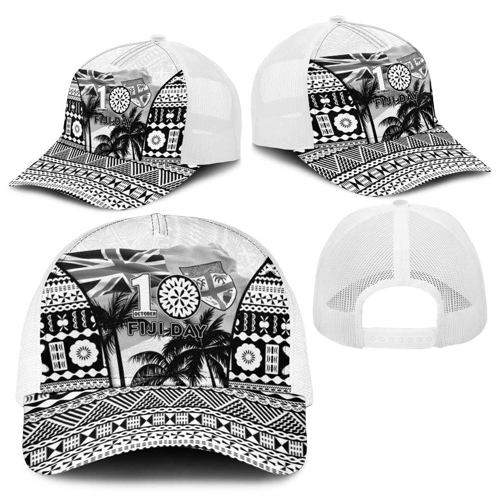 Fiji Day 2026 Baseball Net Cap Masi Tapa Pattern With Palm Tree White Version LT05 - Polynesian Pride