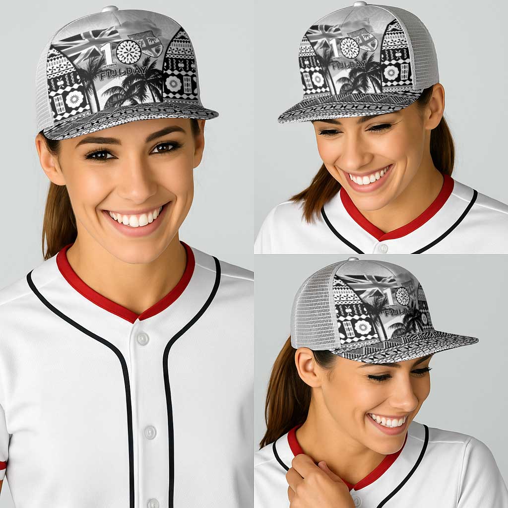 Fiji Day 2026 Baseball Net Cap Masi Tapa Pattern With Palm Tree White Version LT05 - Polynesian Pride