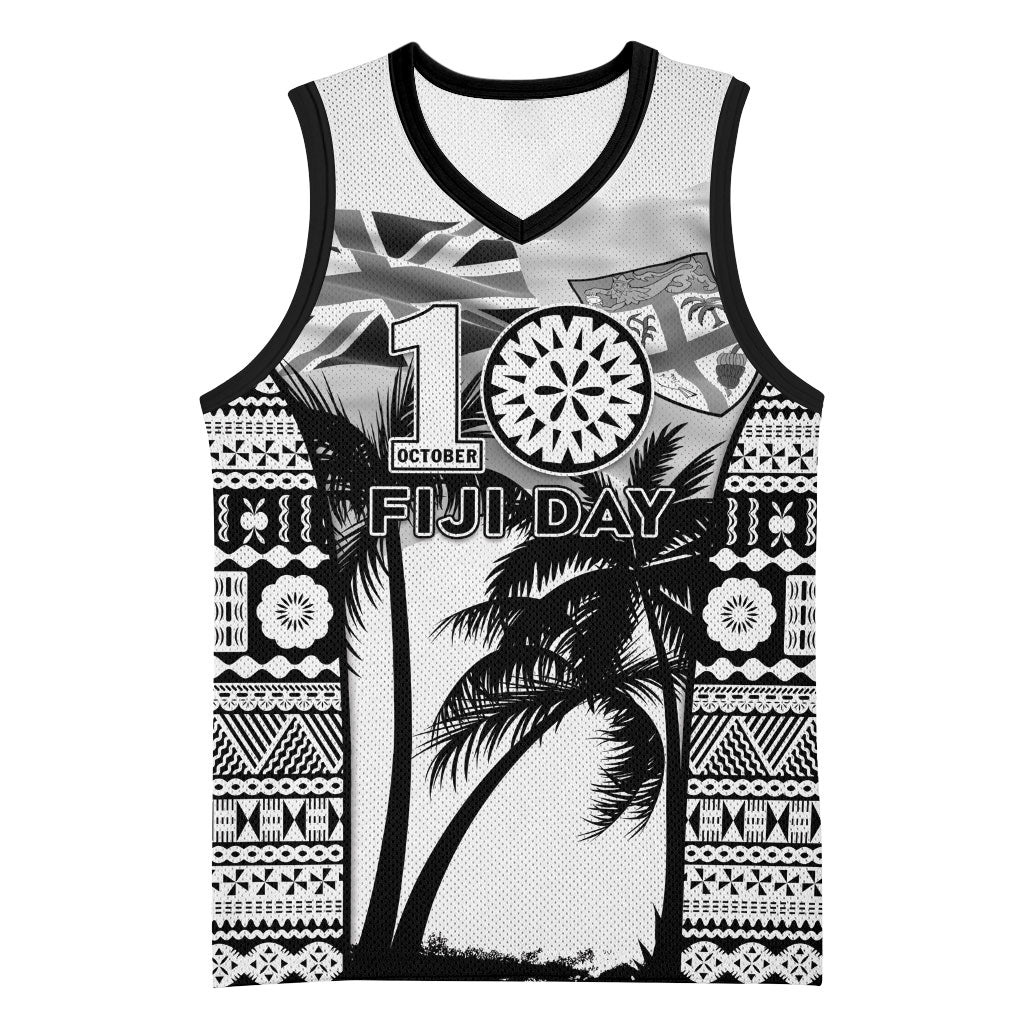 Personalised Fiji Day 2026 Basketball Jersey Masi Tapa Pattern With Palm Tree White Version