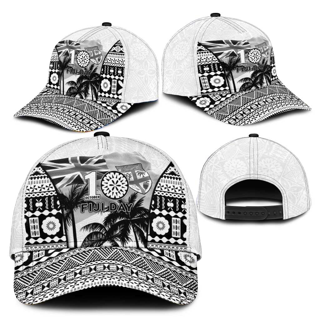 Fiji Day 2026 Classic Cap Masi Tapa Pattern With Palm Tree White Version LT05 - Polynesian Pride