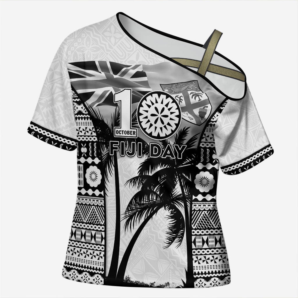 Personalised Fiji Day 2026 Cross Shoulder Shirt Masi Tapa Pattern With Palm Tree White Version