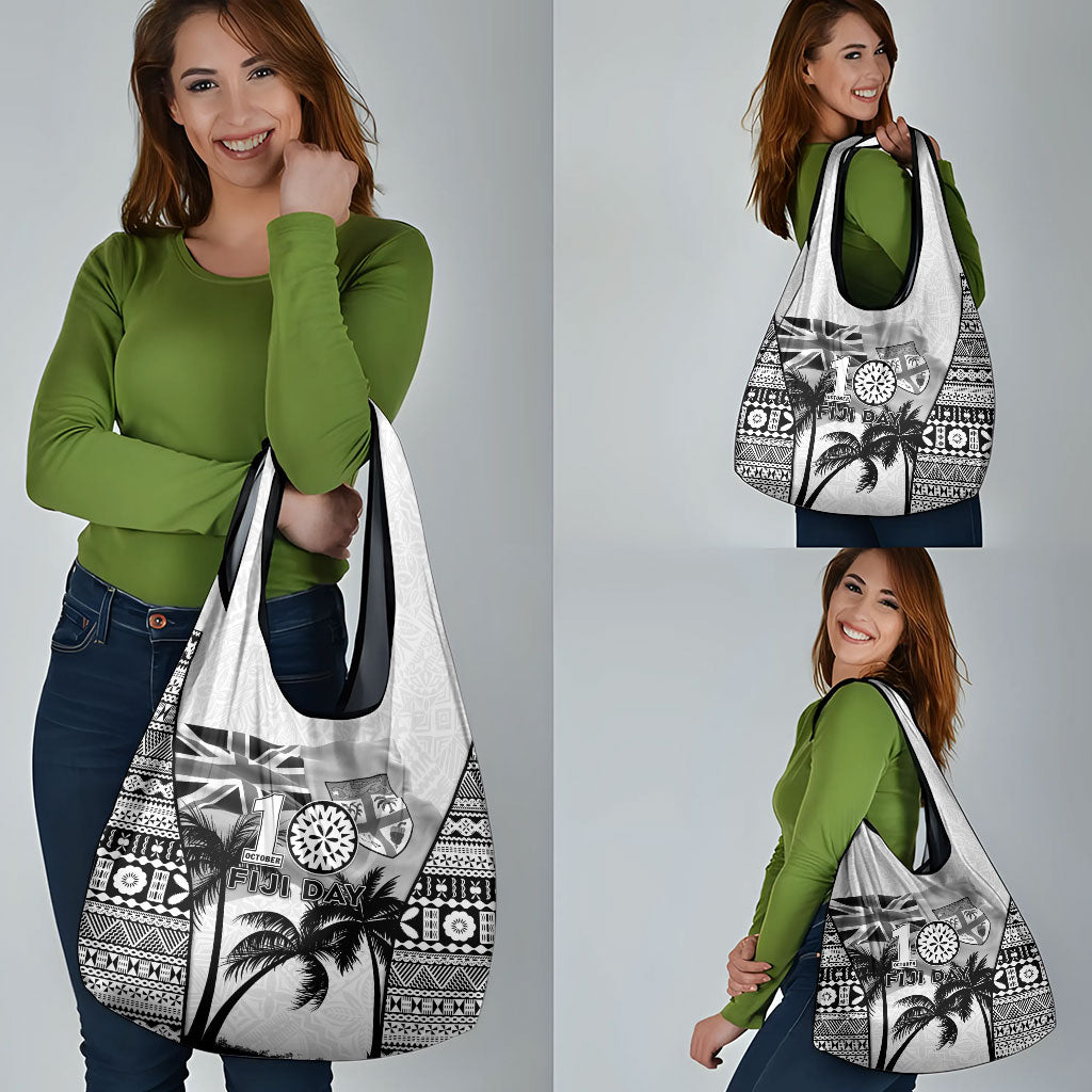 Fiji Day 2026 Grocery Bag Masi Tapa Pattern With Palm Tree White Version LT05 - Polynesian Pride