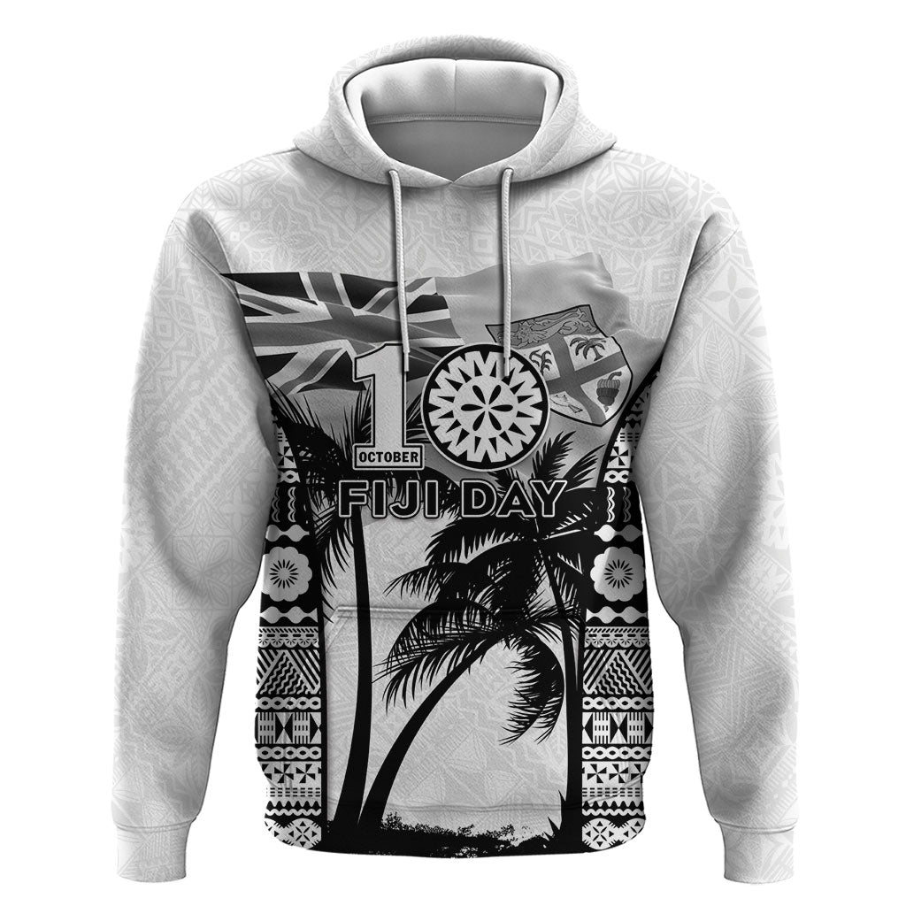 Personalised Fiji Day 2026 Hoodie Masi Tapa Pattern With Palm Tree White Version