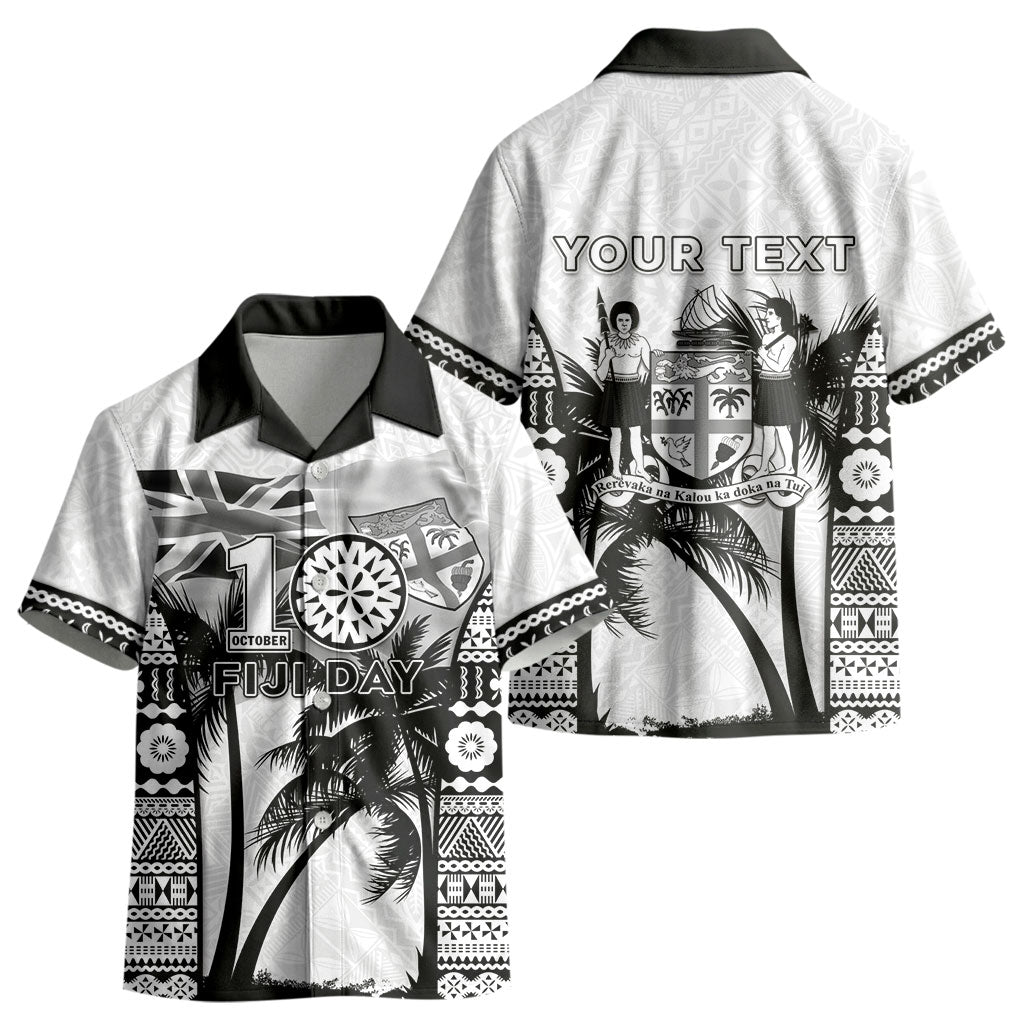 Personalised Fiji Day 2026 Kid Hawaiian Shirt Masi Tapa Pattern With Palm Tree White Version LT05 - Polynesian Pride
