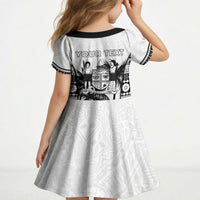 Personalised Fiji Day 2026 Kid Short Sleeve Dress Masi Tapa Pattern With Palm Tree White Version LT05 - Polynesian Pride