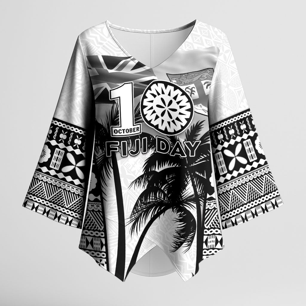 Personalised Fiji Day 2026 Kimono Sleeve Blouse Masi Tapa Pattern With Palm Tree White Version