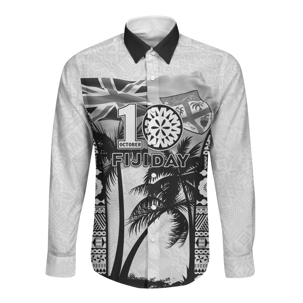 Personalised Fiji Day 2026 Long Sleeve Button Shirt Masi Tapa Pattern With Palm Tree White Version