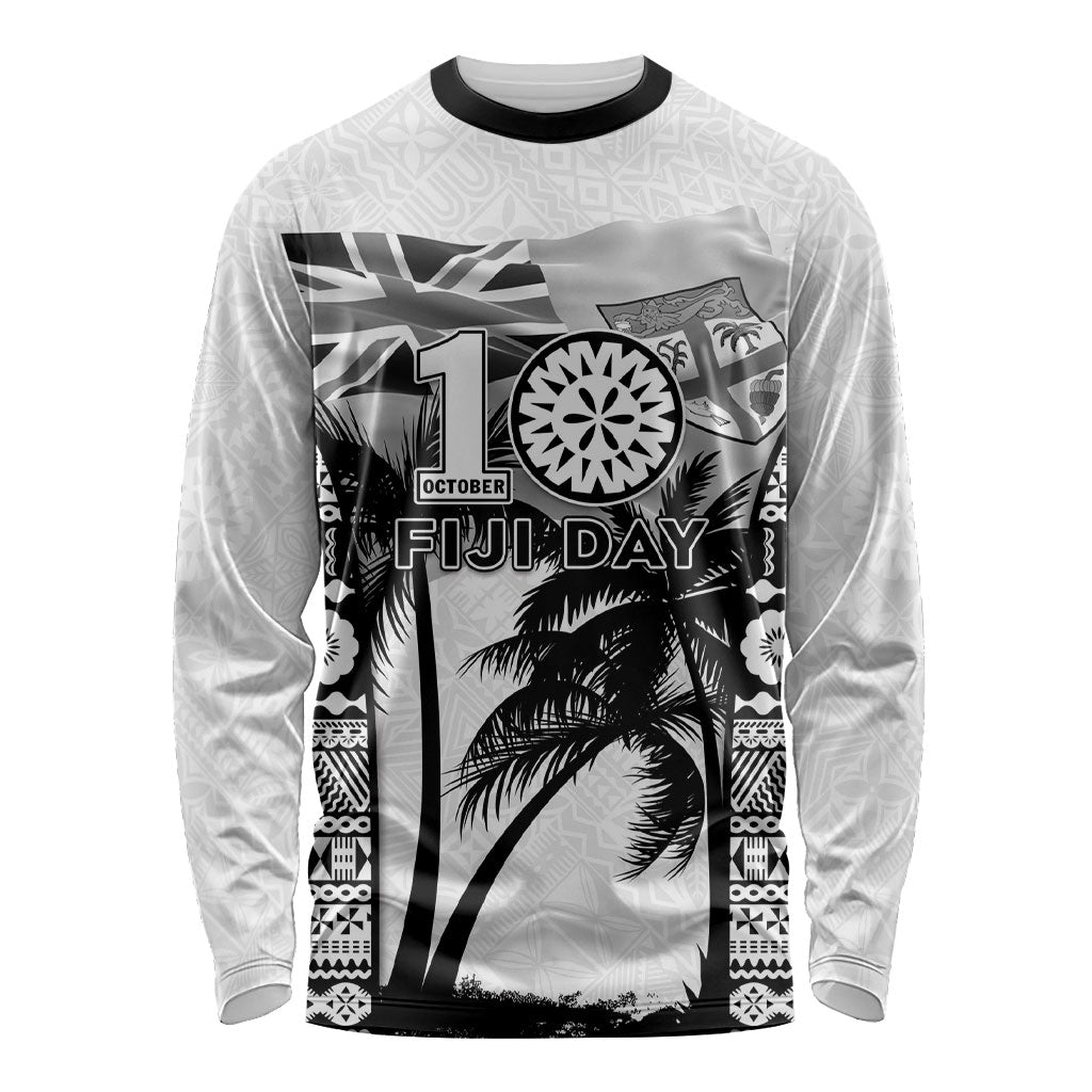 Personalised Fiji Day 2026 Long Sleeve Shirt Masi Tapa Pattern With Palm Tree White Version LT05 Unisex White - Polynesian Pride