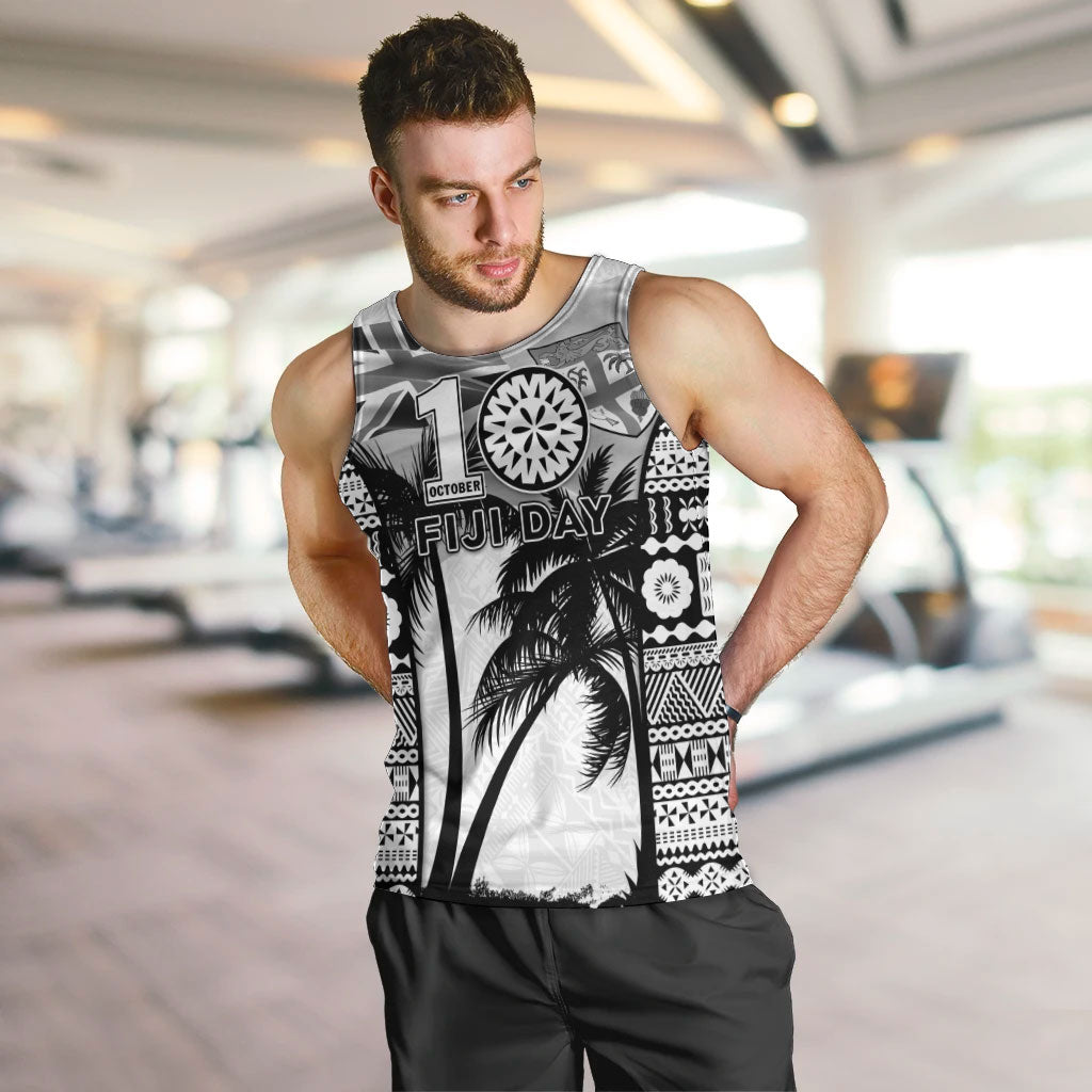 Personalised Fiji Day 2026 Men Tank Top Masi Tapa Pattern With Palm Tree White Version