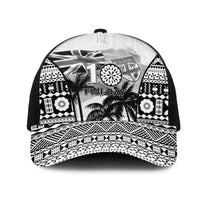 Fiji Day 2026 Mesh Trucker Cap Masi Tapa Pattern With Palm Tree White Version LT05 One Size Black White - Polynesian Pride