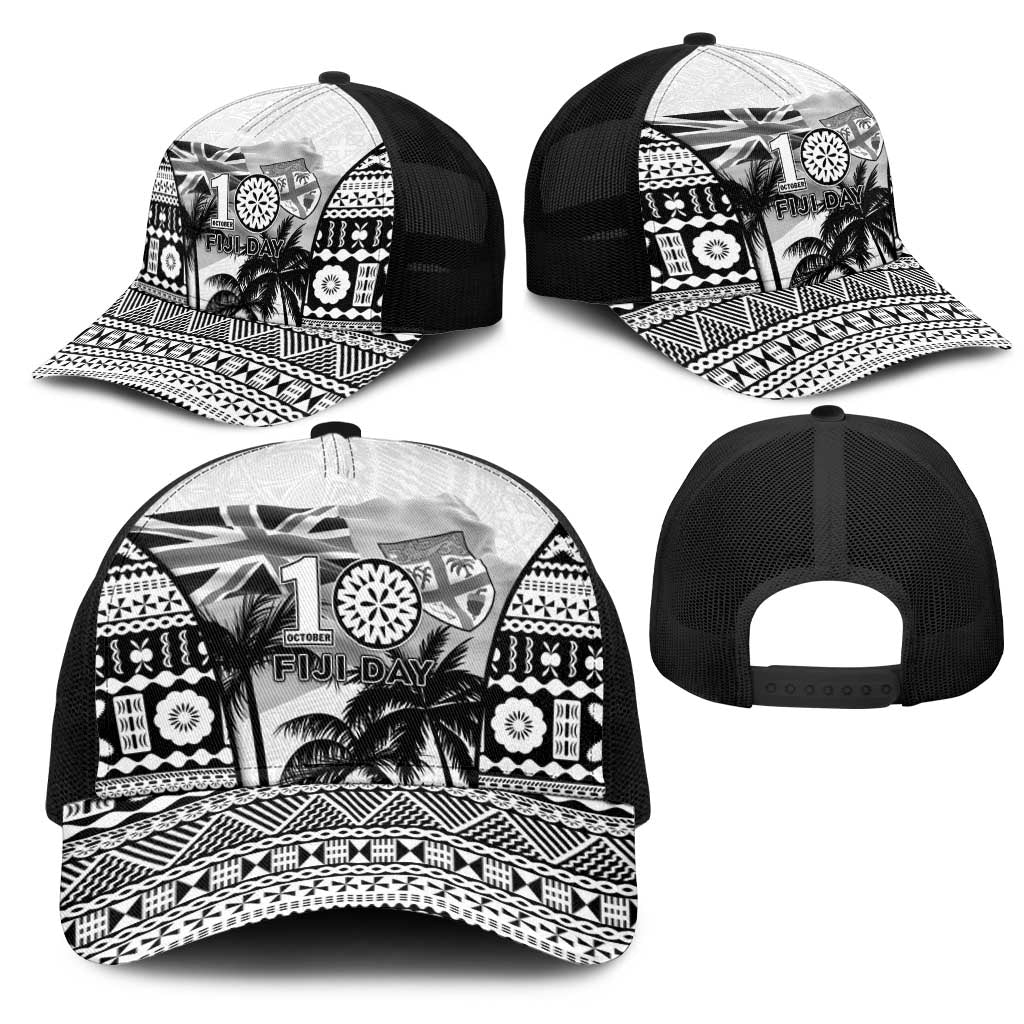 Fiji Day 2026 Mesh Trucker Cap Masi Tapa Pattern With Palm Tree White Version LT05 - Polynesian Pride
