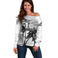 Personalised Fiji Day 2026 Off Shoulder Sweater Masi Tapa Pattern With Palm Tree White Version LT05 Women White - Polynesian Pride