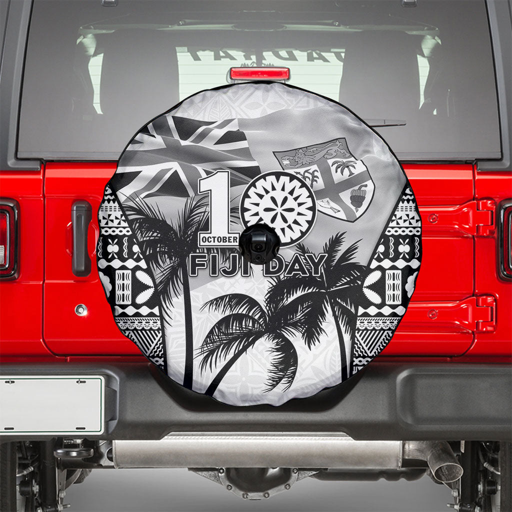 Fiji Day 2026 Spare Tire Cover Masi Tapa Pattern With Palm Tree White Version LT05 - Polynesian Pride