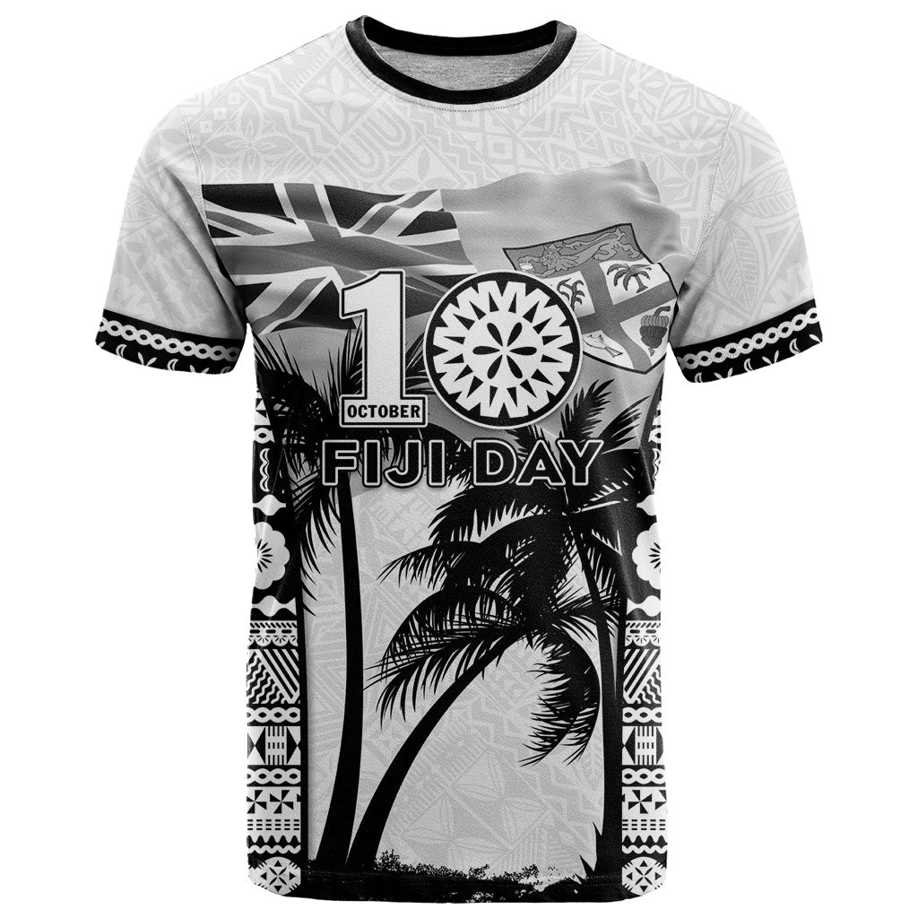 Personalised Fiji Day 2026 T Shirt Masi Tapa Pattern With Palm Tree White Version LT05 White - Polynesian Pride