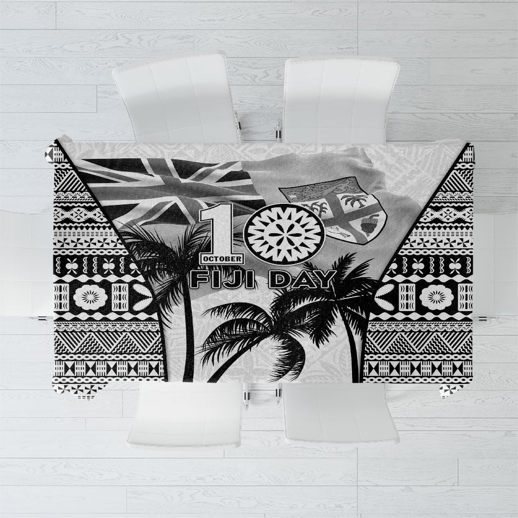 Fiji Day 2026 Tablecloth Masi Tapa Pattern With Palm Tree White Version