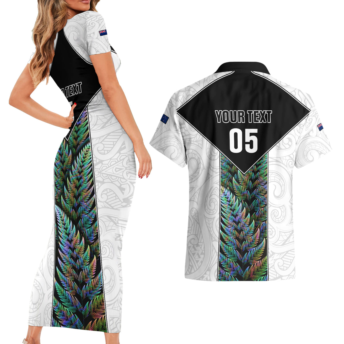 Custom New Zealand Fern Rugby Couples Matching Short Sleeve Bodycon Dress and Hawaiian Shirt World Cup 2023 Paua Shell Maori Pattern LT05 - Polynesian Pride