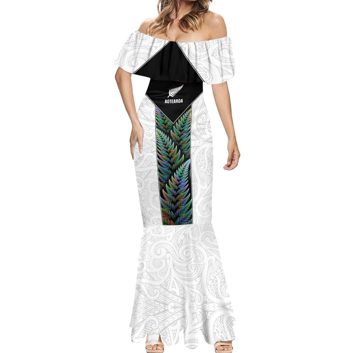Custom New Zealand Fern Rugby Mermaid Dress World Cup 2023 Paua Shell Maori Pattern LT05 - Polynesian Pride