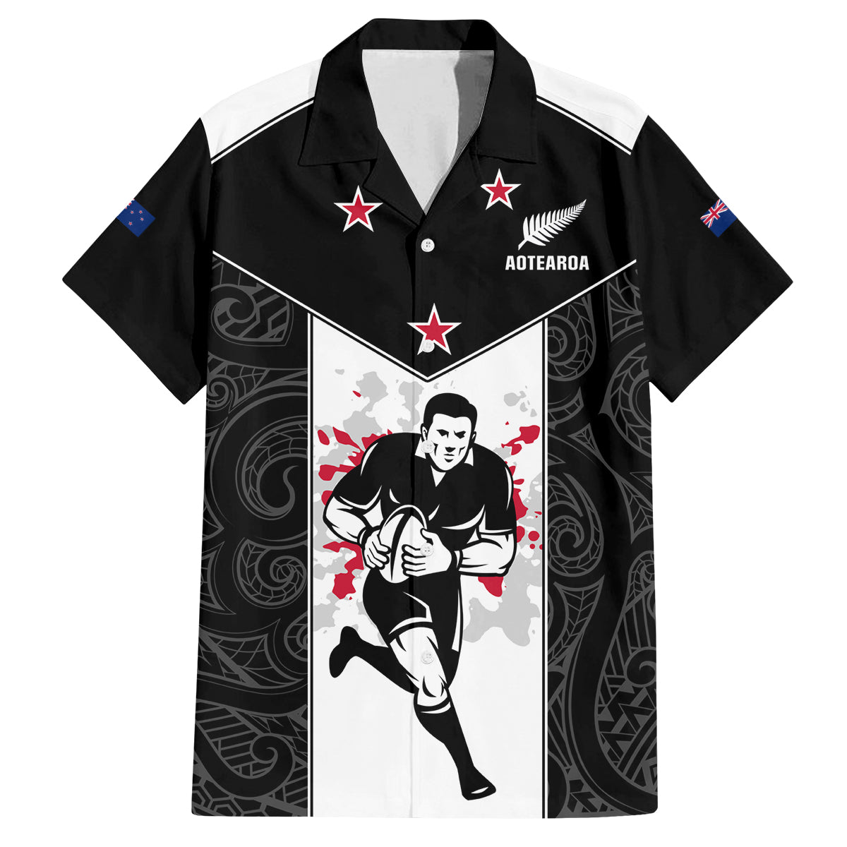 Custom New Zealand Player Rugby Family Matching Tank Maxi Dress and Hawaiian Shirt World Cup 2023 Maori Pattern LT05 Dad's Shirt - Short Sleeve Black - Polynesian Pride