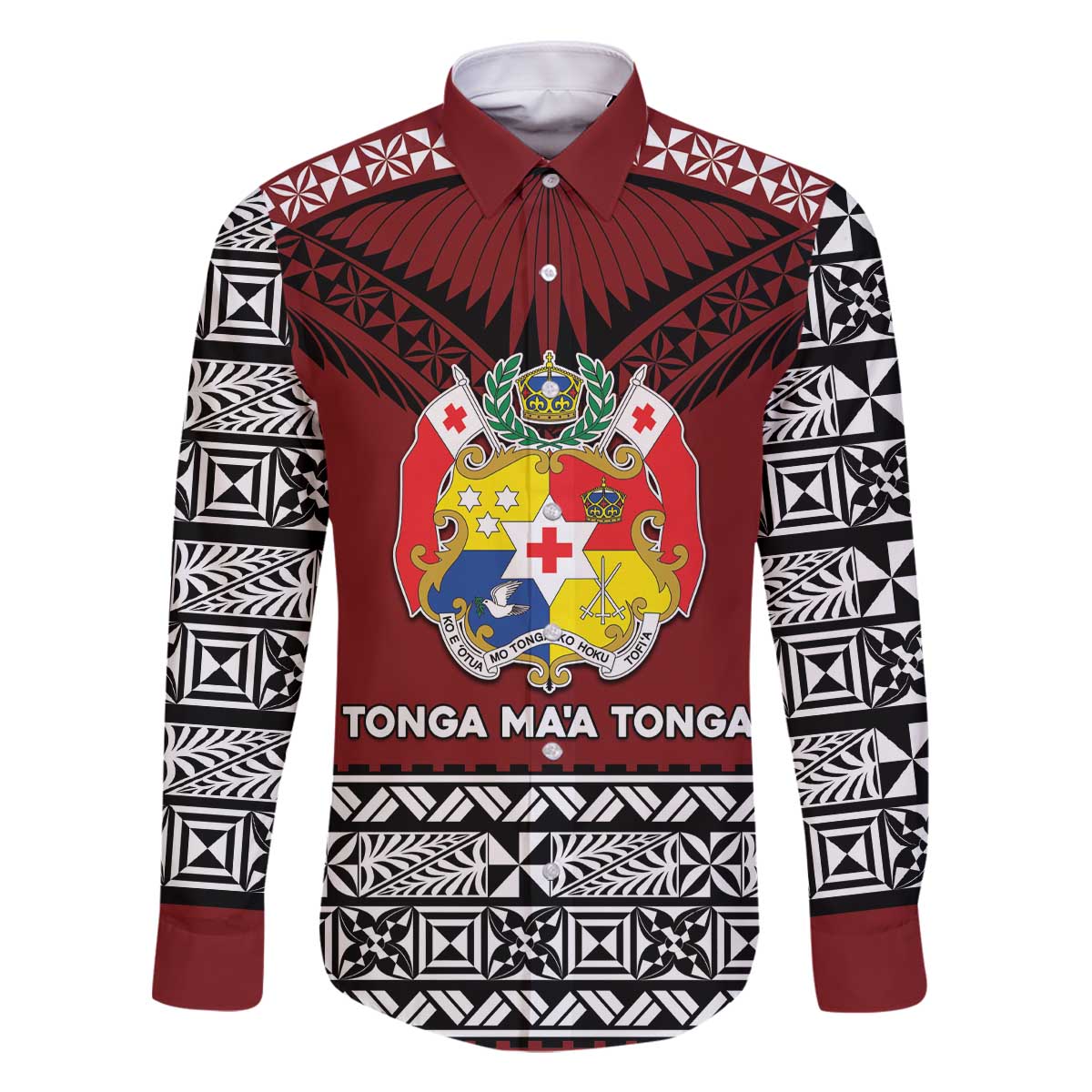 Personalised Tonga Constitution Day Family Matching Off The Shoulder Long Sleeve Dress and Hawaiian Shirt Tongan Kupesi Ngatu Pattern LT05 Dad's Shirt - Long Sleeve Red - Polynesian Pride