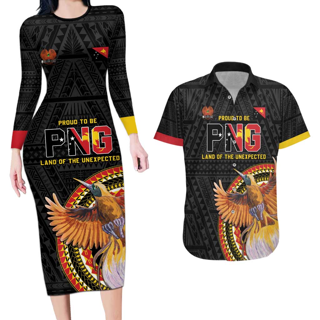 Papua New Guinea Tok Pisin Wik Couples Matching Long Sleeve Bodycon Dress and Hawaiian Shirt Land Of The Unexpected LT05 Black - Polynesian Pride
