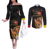 Papua New Guinea Tok Pisin Wik Couples Matching Off The Shoulder Long Sleeve Dress and Long Sleeve Button Shirt Land Of The Unexpected LT05 Black - Polynesian Pride