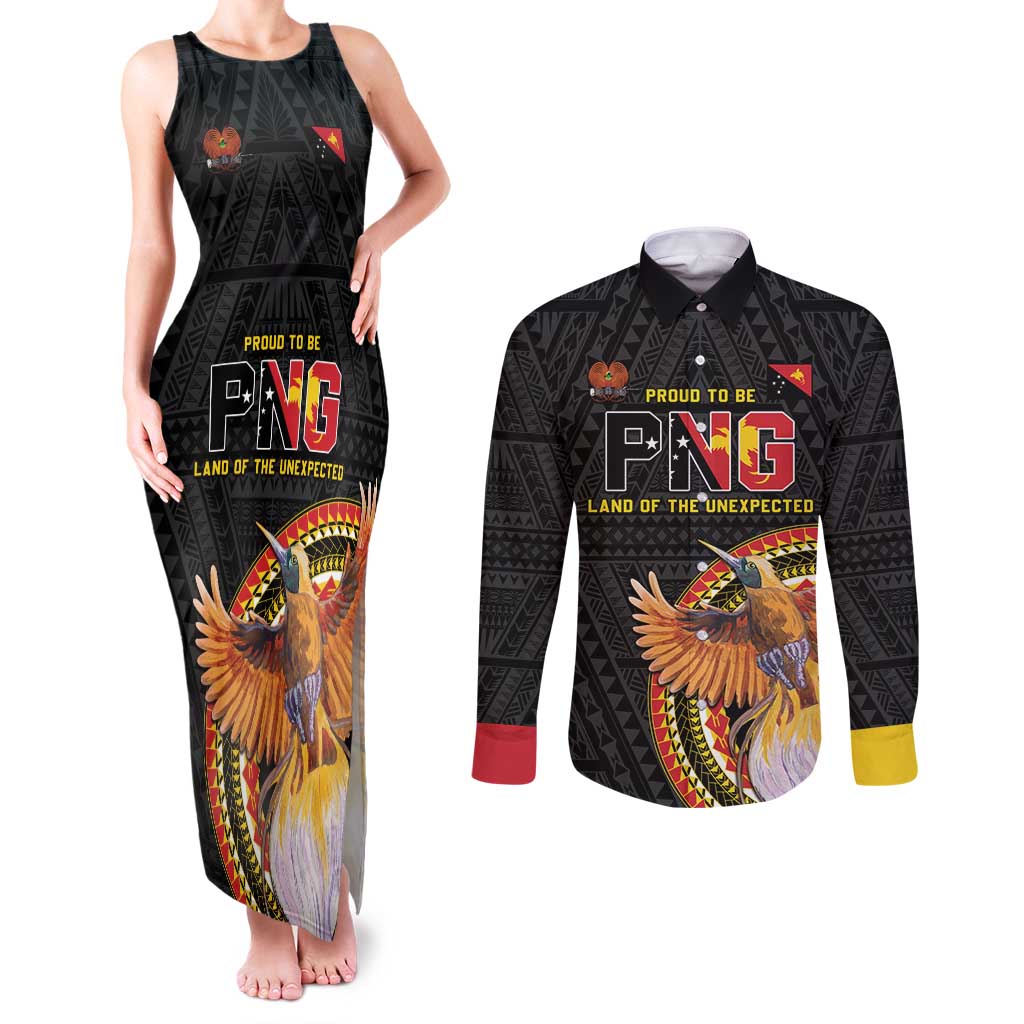 Papua New Guinea Tok Pisin Wik Couples Matching Tank Maxi Dress and Long Sleeve Button Shirt Land Of The Unexpected LT05 Black - Polynesian Pride