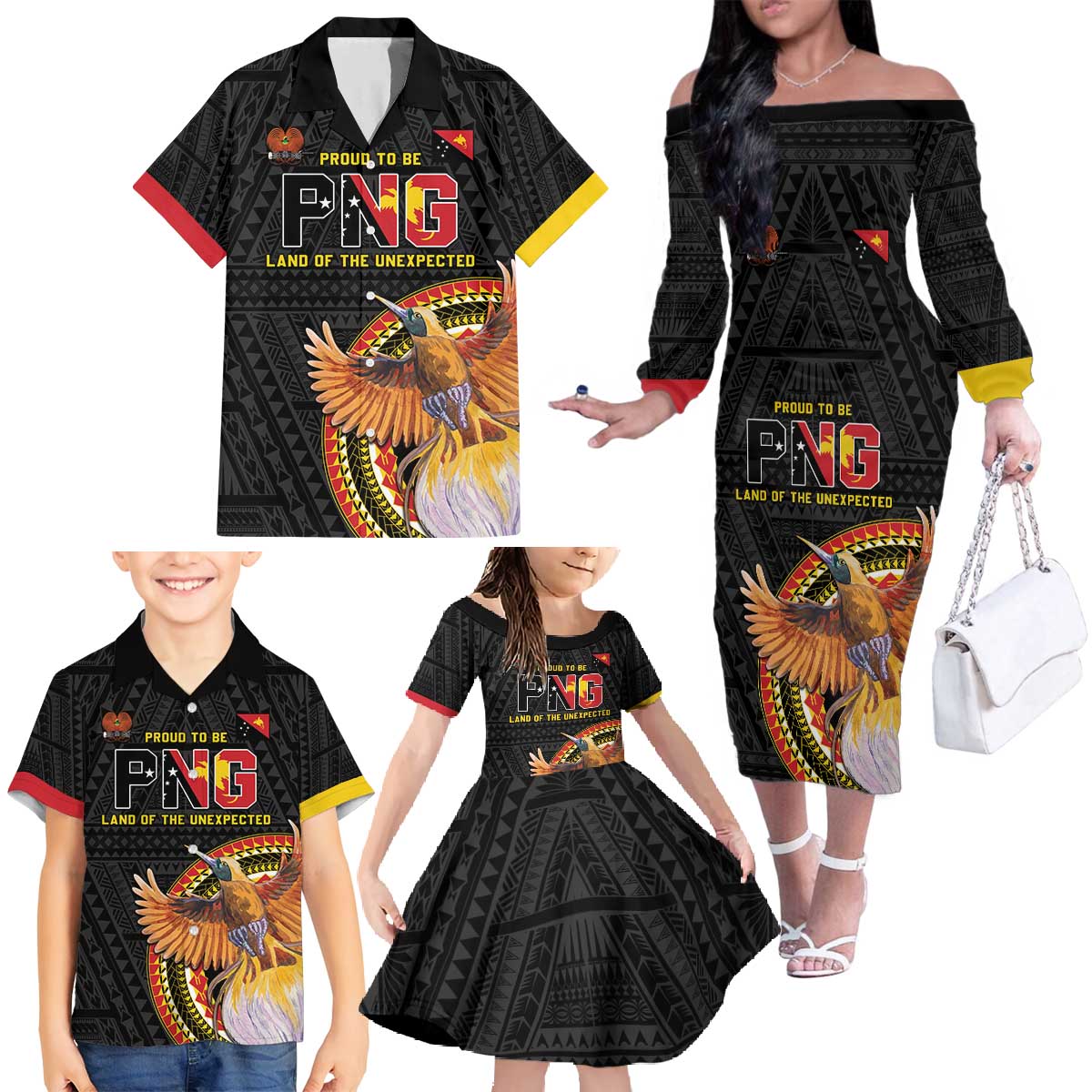 Papua New Guinea Tok Pisin Wik Family Matching Off The Shoulder Long Sleeve Dress and Hawaiian Shirt Land Of The Unexpected LT05 - Polynesian Pride