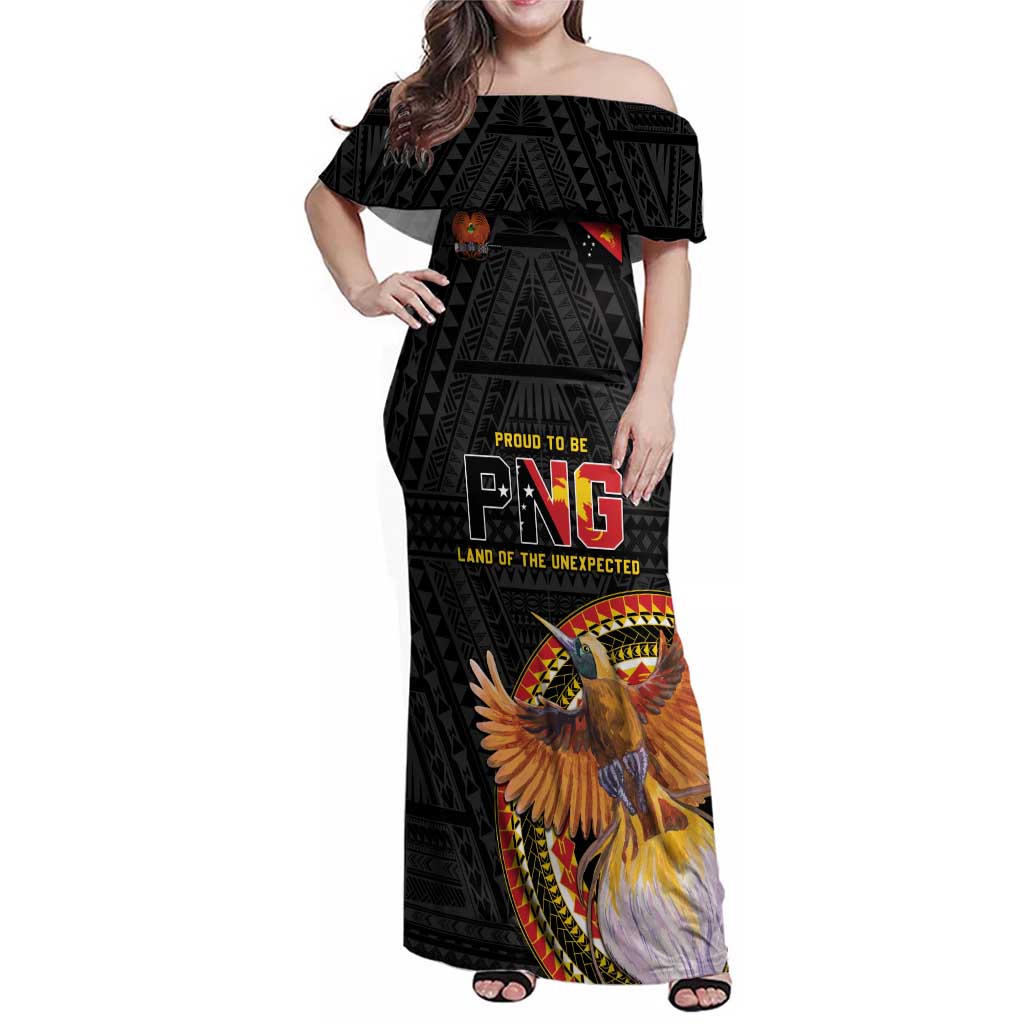 Papua New Guinea Tok Pisin Wik Family Matching Off Shoulder Maxi Dress and Hawaiian Shirt Land Of The Unexpected LT05 Mom's Dress Black - Polynesian Pride