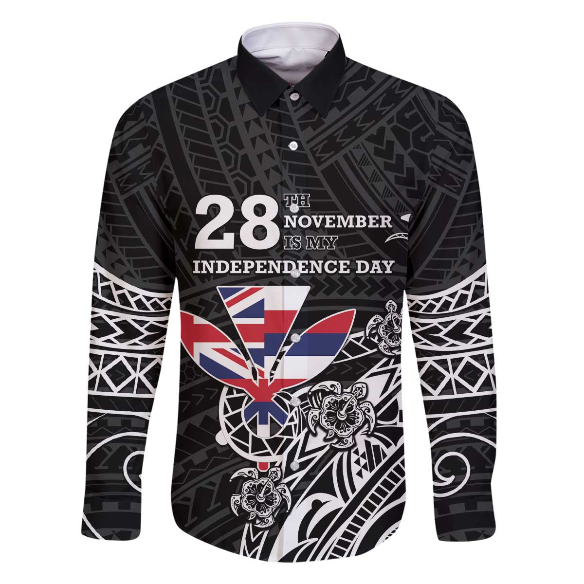 Hawaii November 28th Is My Independence Day Family Matching Off The Shoulder Long Sleeve Dress and Hawaiian Shirt LT05 Dad's Shirt - Long Sleeve Black - Polynesian Pride