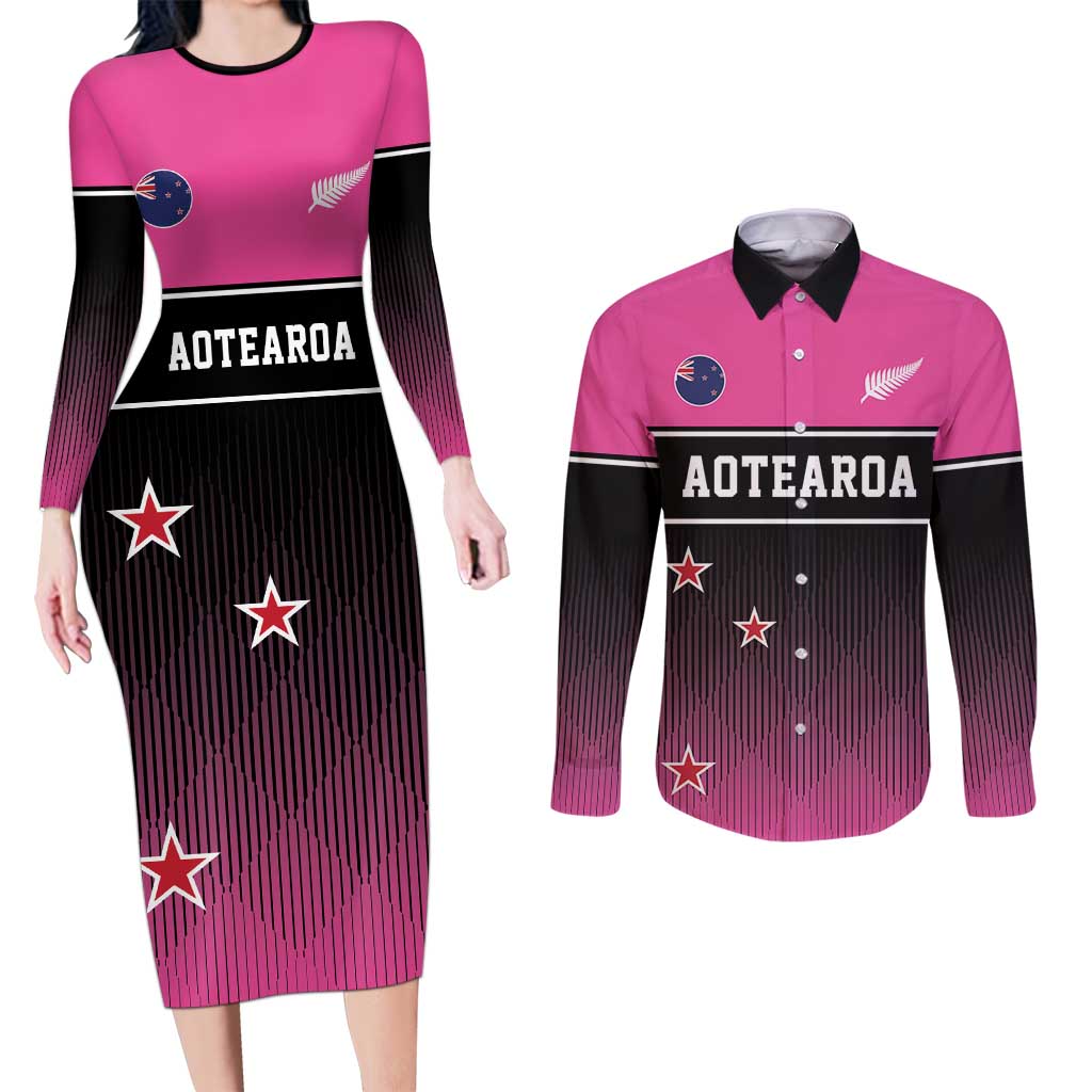 Custom New Zealand Women Cricket Couples Matching Long Sleeve Bodycon Dress and Long Sleeve Button Shirt Pink Simple Style LT05 Pink - Polynesian Pride