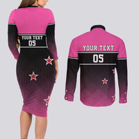 Custom New Zealand Women Cricket Couples Matching Long Sleeve Bodycon Dress and Long Sleeve Button Shirt Pink Simple Style LT05 - Polynesian Pride