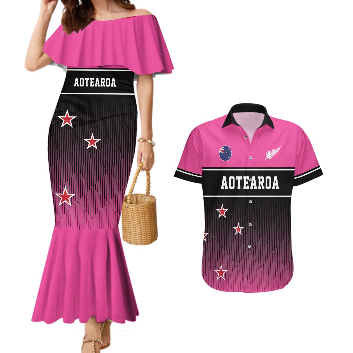 Custom New Zealand Women Cricket Couples Matching Mermaid Dress and Hawaiian Shirt Pink Simple Style LT05 Pink - Polynesian Pride