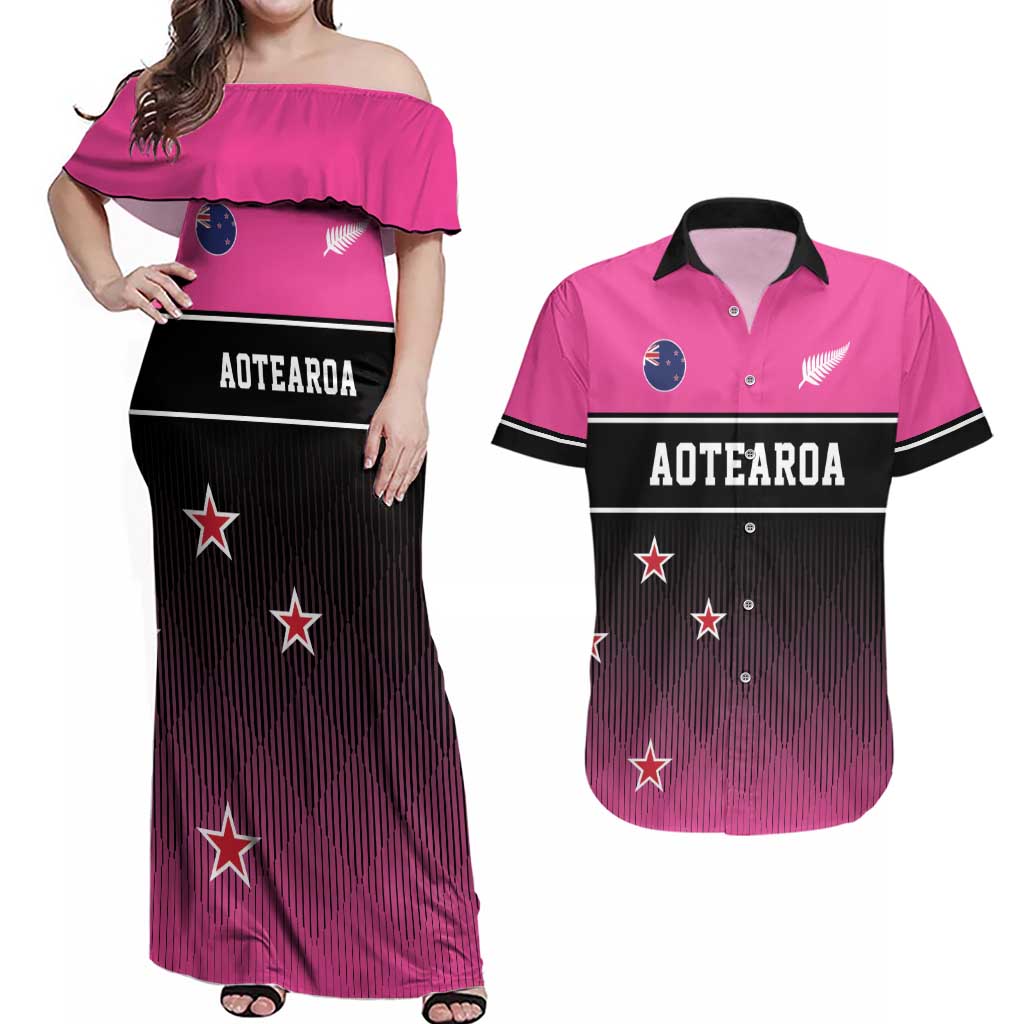 Custom New Zealand Women Cricket Couples Matching Off Shoulder Maxi Dress and Hawaiian Shirt Pink Simple Style LT05 Pink - Polynesian Pride