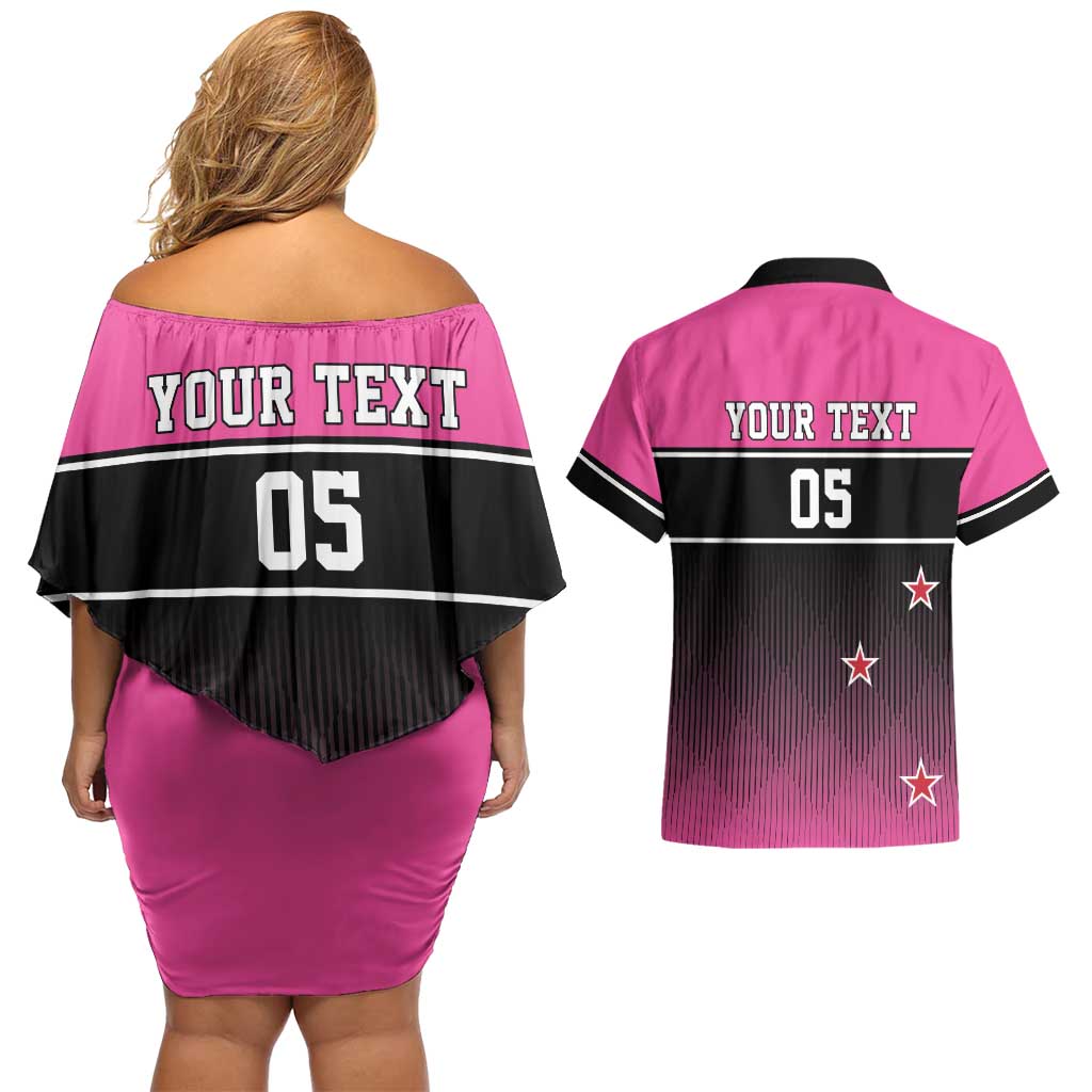 Custom New Zealand Women Cricket Couples Matching Off Shoulder Short Dress and Hawaiian Shirt Pink Simple Style LT05 - Polynesian Pride