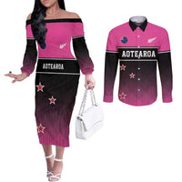Custom New Zealand Women Cricket Couples Matching Off The Shoulder Long Sleeve Dress and Long Sleeve Button Shirt Pink Simple Style LT05 Pink - Polynesian Pride