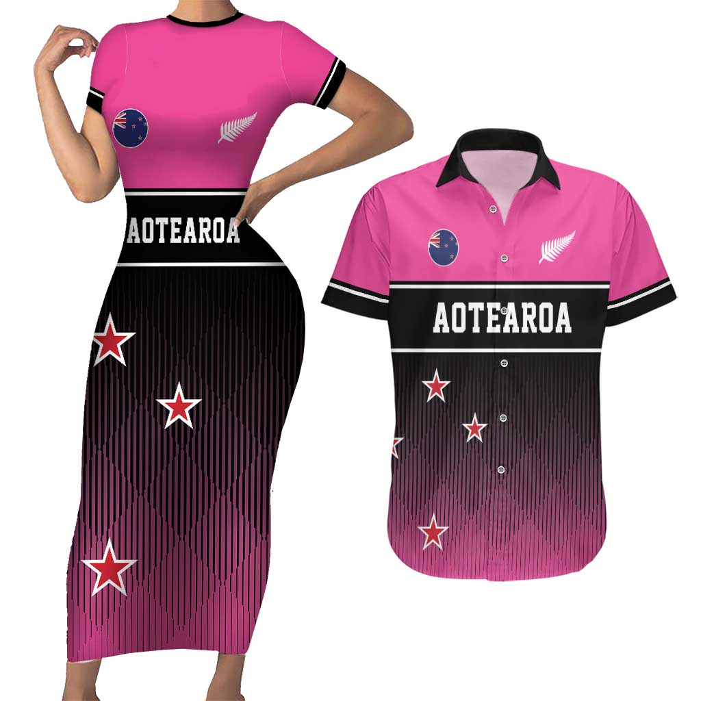 Custom New Zealand Women Cricket Couples Matching Short Sleeve Bodycon Dress and Hawaiian Shirt Pink Simple Style LT05 Pink - Polynesian Pride