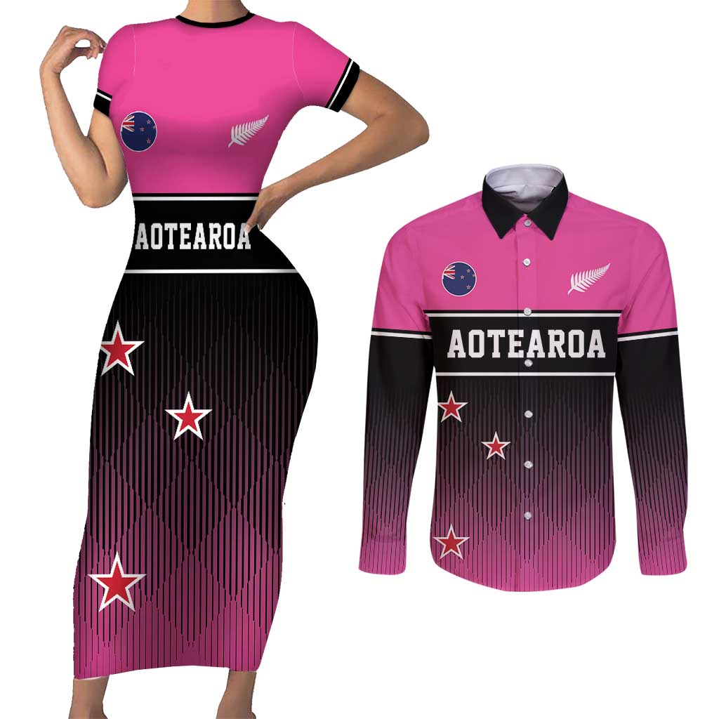 Custom New Zealand Women Cricket Couples Matching Short Sleeve Bodycon Dress and Long Sleeve Button Shirt Pink Simple Style LT05 Pink - Polynesian Pride