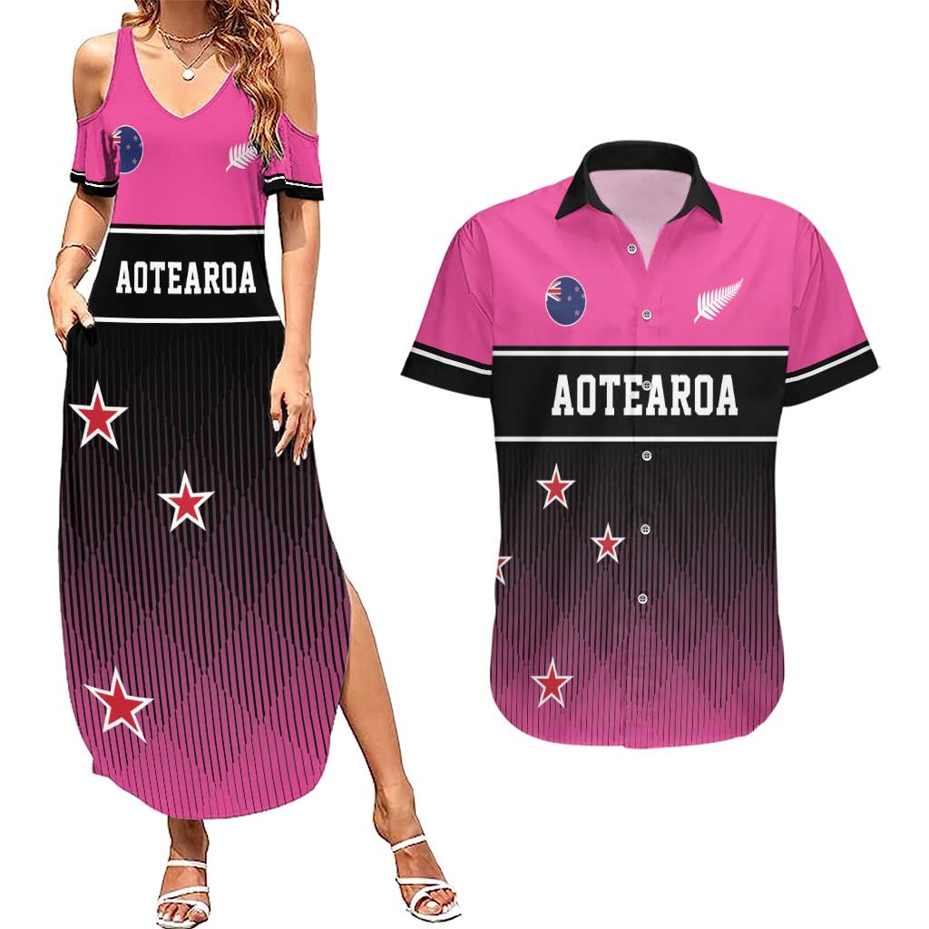Custom New Zealand Women Cricket Couples Matching Summer Maxi Dress and Hawaiian Shirt Pink Simple Style LT05 Pink - Polynesian Pride