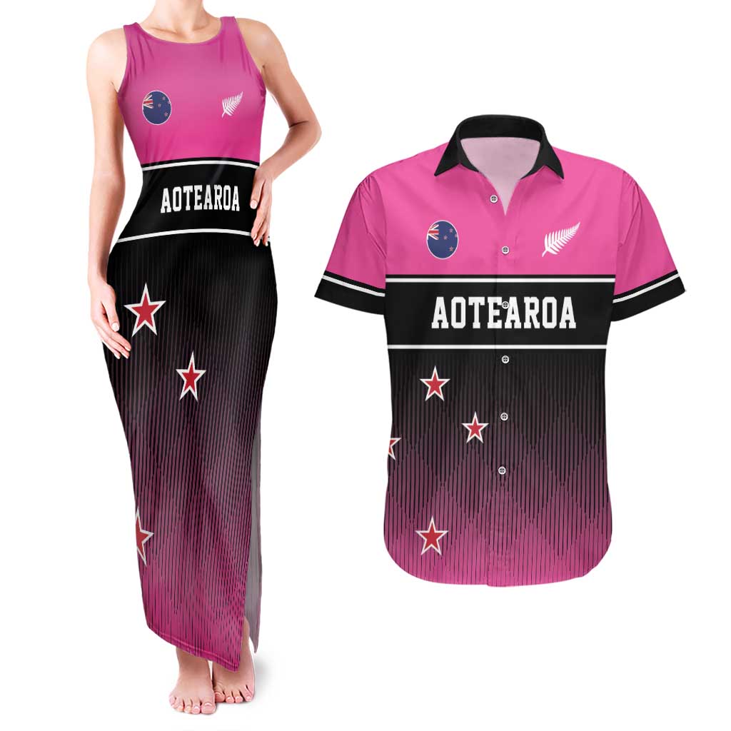 Custom New Zealand Women Cricket Couples Matching Tank Maxi Dress and Hawaiian Shirt Pink Simple Style LT05 Pink - Polynesian Pride